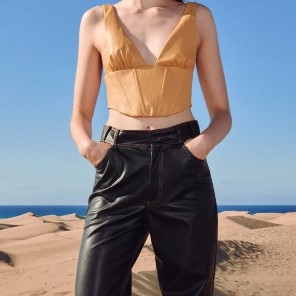 14- NWT XXL Zara | Faux Leather Contrast Stitching Pants black, tan stitching - Picture 9 of 13